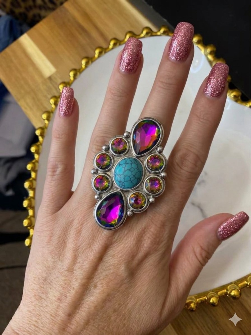 Turquoise AB Crystal Bling Statement Ring Boho Western Glam Rodeo Cowgirl NFR